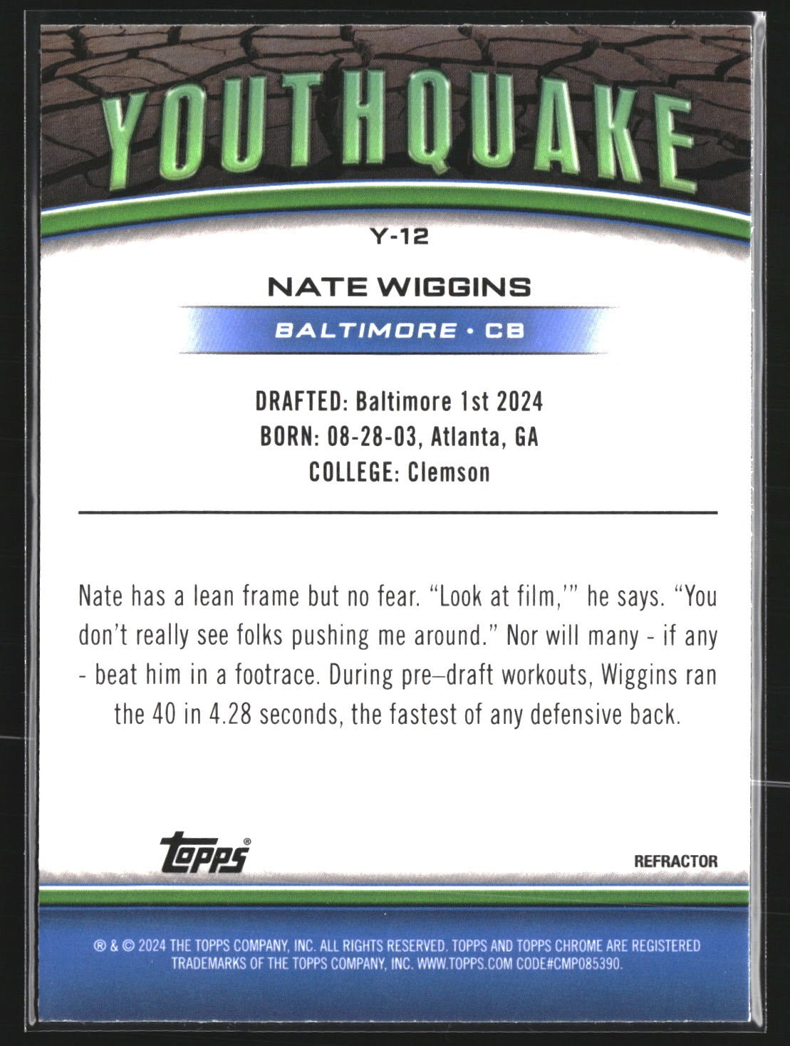 Nate Wiggins 2024 Topps Chrome Y-12 Youthquake Refractor Baltimore Ravens