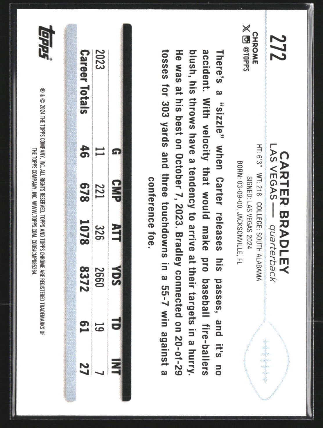 Carter Bradley 2024 Topps Chrome 272 Prism Refractor RC RC Las Vegas Raiders